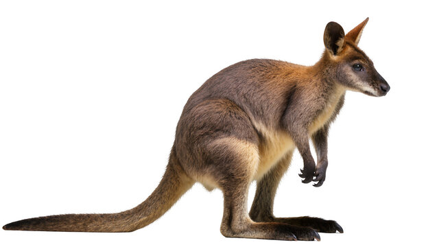 Adorable wallaby marsupial in profile showing agile form and strong tail on clean backdrop