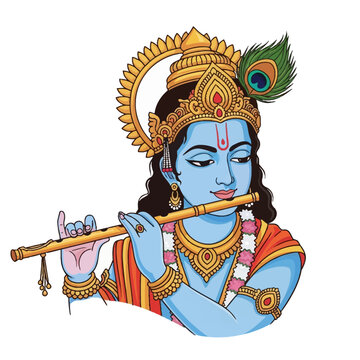Vector illustration of Lord Krishna with blue skin playing a golden flute, featuring a peacock feather crown, intricate golden jewelry, and floral garland, isolated on white.