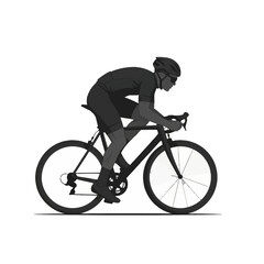 Obraz premium Side view illustration of a competitive road cyclist wearing a helmet and jersey, riding a modern bicycle in a fast aerodynamic tuck position against a plain white background.