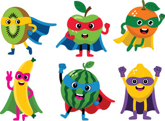 Cute superhero fruit characters set featuring kiwi apple orange banana watermelon and lemon in colorful cartoon style for kids designs © Mominul