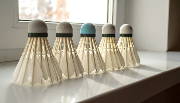 Five shuttlecocks with feather skirts rest on a white windowsill, natural light