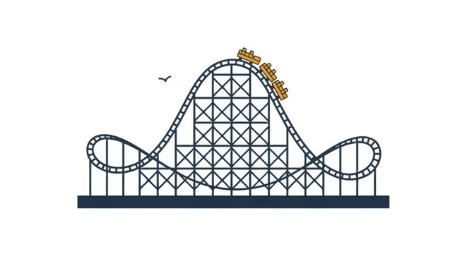 Flat vector illustration of a roller coaster ride with yellow cars climbing a track peak, featuring loops and a structural support frame, isolated on a plain white background.