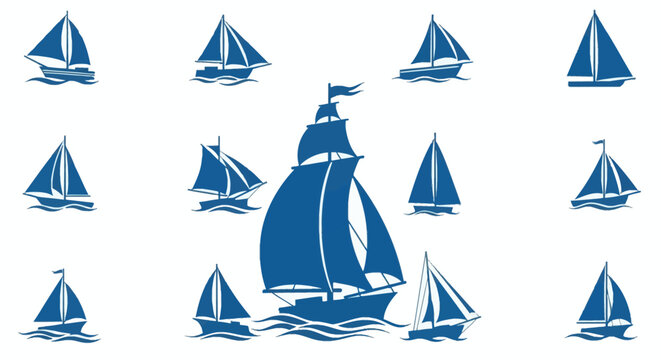 Set of various blue sailing boat icons including modern yachts, traditional sloops and a large multi-masted galleon on sea waves, isolated on white background for marine use.
