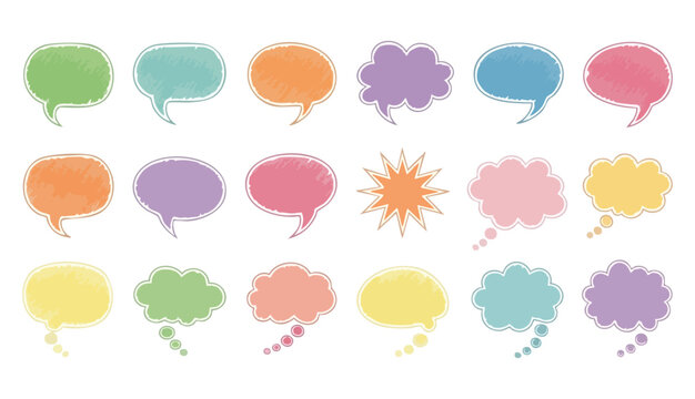 Hand-drawn colorful speech bubbles set in various shapes and pastel colors. Crayon chalk or colored pencil texture