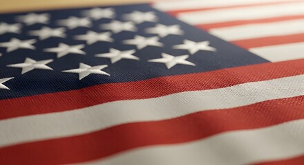 Obraz premium Close up American flag fabric texture with waving folds, USA patriotic background for independence day, national pride concept with soft focus stars stripes