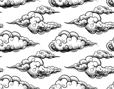 Intricate ink-drawn cloud pattern against white background, repeating seamless design