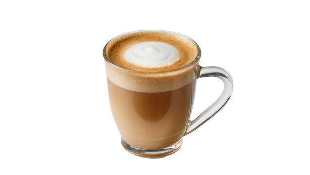 Creamy layered latte coffee beverage with frothy milk foam in a clear glass cup