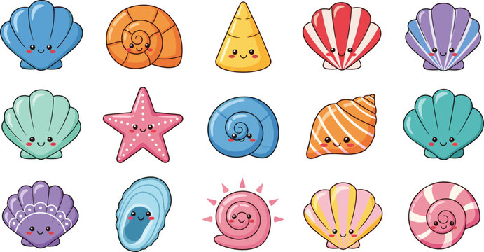 Collection of cute seashell vector illustrations including starfish spiral shells colorful ocean marine kawaii cartoon characters set