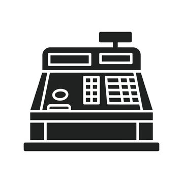 Vector of a cash register machine with a numeric keypad and display screens on a counter.