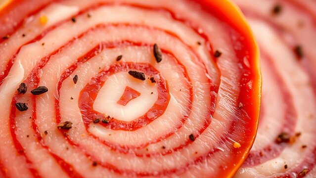 yanked. Close-up of a mortadella slice showing its marbled pattern of meat and fat. menu design, packaging mockups, designed for food delivery and cloud-kitchen brand materials, used by hr managers.
