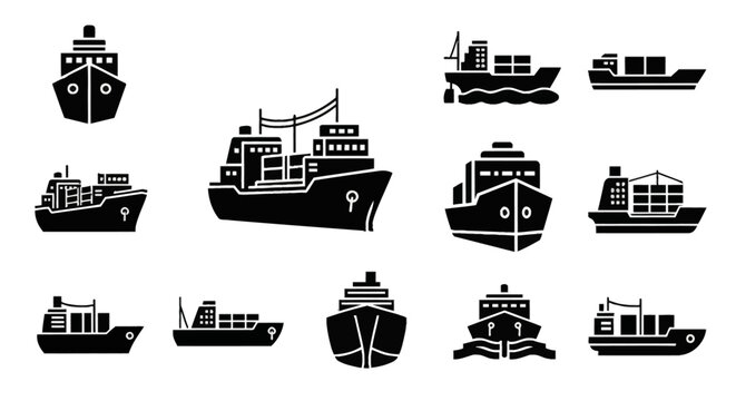 Set of black vector icons featuring cargo ships, container vessels, and maritime freight carriers in various perspectives like side profile and front view on white background.