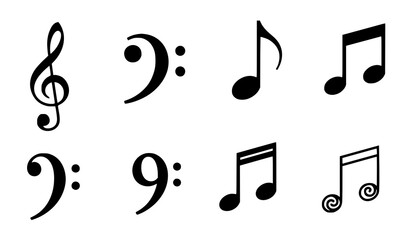 Fototapeta premium Minimal musical notes and clef symbols vector icon set simple music illustration isolated on white background
