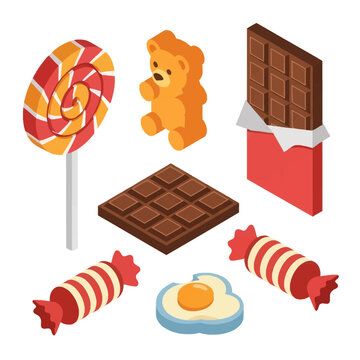 Isometric vector illustration of various candies including a swirl lollipop, gummy bear, chocolate bar in red wrapper, chocolate square, wrapped candies, and gummy fried egg.