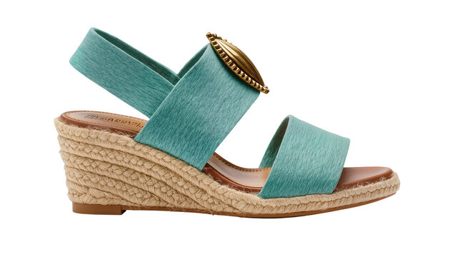 Teal linen wedge sandal with gold chain detail and woven jute sole, isolated on transparent background for fashion catalogs and online retail