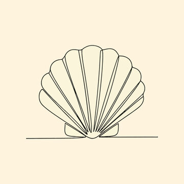 Minimalist continuous one-line drawing of a symmetrical scallop seashell featuring fan-shaped ridges, black line art illustration on a solid cream background for coastal themes.