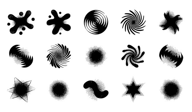 Y2K geometric abstract icon set with photocopy grain halftone noise and grunge vector illustration isolated on white background