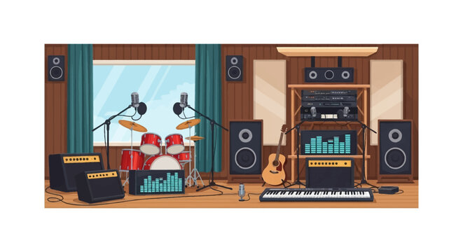Vector illustration of a professional music recording studio interior featuring a red drum kit, acoustic guitar, keyboard synthesizer, studio monitor speakers, and microphones on stands.