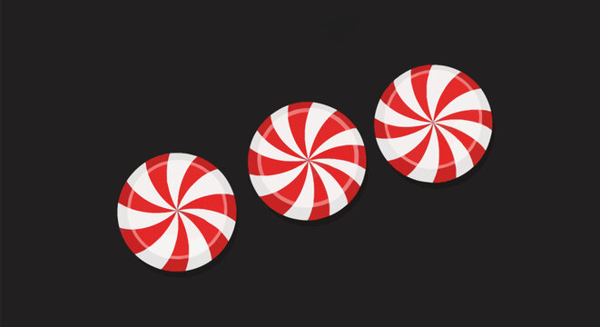 Three circular red and white peppermint swirl hard candies arranged in a diagonal row on a solid dark black background, minimalist vector illustration of traditional treats.