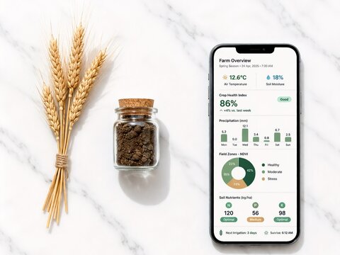 Smart farming dashboard on smartphone with wheat stalks and soil jar flat lay