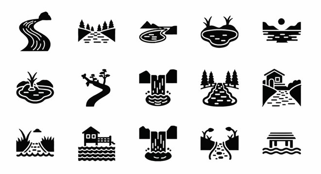 Comprehensive set of fifteen black solid glyph icons illustrating diverse water features and natural landscapes such as rivers, waterfalls, lakes, forest streams, ponds, and marshes.