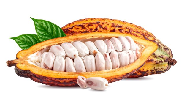 Half-cut ripe cacao fruit showing the white pulp and seeds, with green leaves, on white