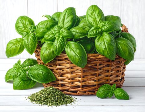 Fresh basil in a woven basket beside dried herbs, set on a white wooden surface