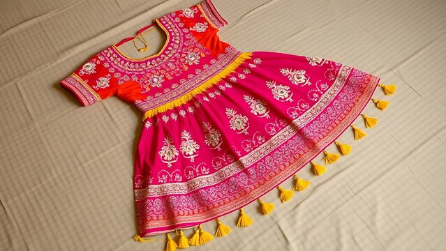 choli. A vibrant traditional dress with intricate mirror work and tassels on fabric. event programs, museum guides, designed for cultural heritage projects and event programs.
