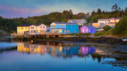 Fototapeta premium painterly. Colorful coastal houses reflected in calm harbor water, capturing serene evening charm. travel magazines, destination branding, designed for outdoor magazines and nature guides. 
