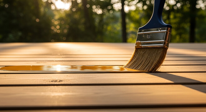 Paintbrush applying golden wood stain to a wooden deck in warm sunset light