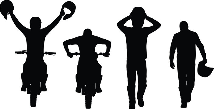 Set of black silhouettes showcasing motocross riders and enthusiasts with helmets in various dynamic actions