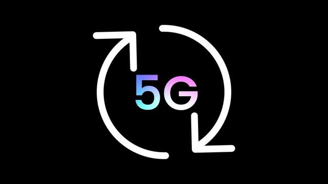 The five G text is surrounded by two circular arrows that form a continuous loop to represent constant data synchronization and network refreshing