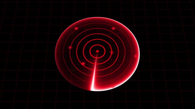 Digital Radar Screen Scanning with Red Beam and Grid Background - Technology Concept with Navigation System