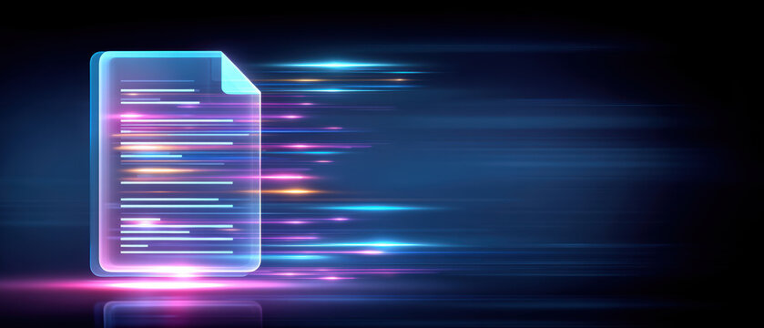 Digital data document glowing with motion and colorful light streaks conveying fast information