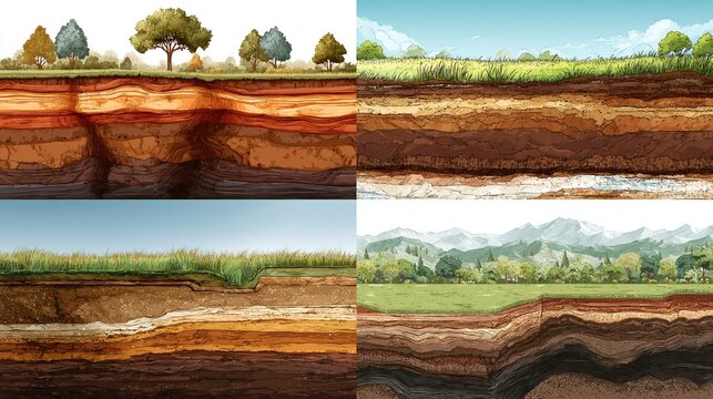 Land cross-section with grassy surface and soil layers
