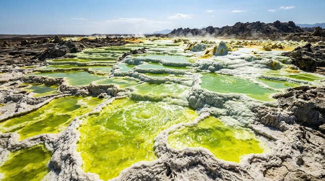 Vibrant Green and Yellow Acidic Geothermal Pools in Dallol, Ethiopia.