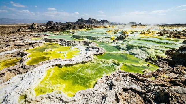 Stunning Dallol Geothermal Landscape in Danakil Depression, Ethiopia, with Colorful Acid Pools.