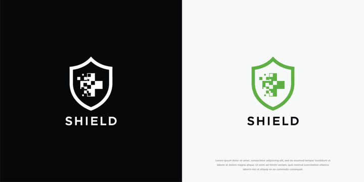 Digital Health Shield Logo with Pixelated Medical Cross