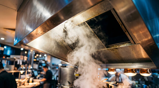 Professional commercial kitchen exhaust hood with thick white steam rising from a cooking station in a busy modern restaurant with chefs.
