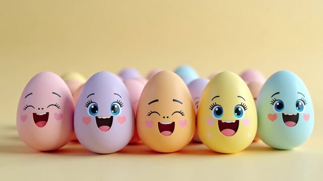 Colorful cheerful eggs with faces smiling against a yellow background