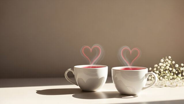Two steaming cups of coffee with heart shaped steam