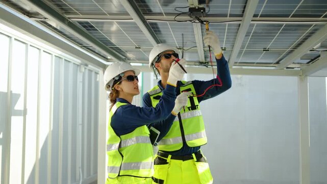 Two professional engineers in safety gear inspect and test solar panels using a multimeter. Male and female technicians working together on a renewable energy project. Sustainability teamwork.