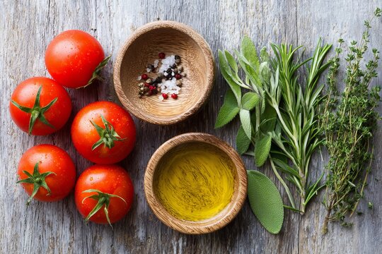 Top view of fresh vine-ripened tomatoes, extra virgin olive oil, and fresh herbs like rosemary and thyme on a rustic wooden background.