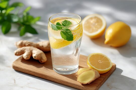 Refreshing glass of infused water with lemon slices and fresh mint leaves on a wooden board with ginger root in natural sunlight.