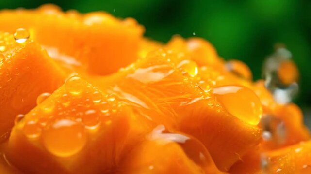Close up of fresh mango fruit with water droplets against green background