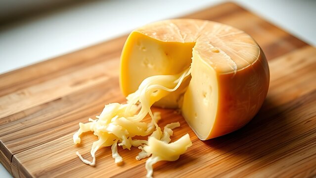 scamorza. Half of a scamorza cheese cut open on a wooden board, revealing its pale yellow, stringy interior. menu design.
