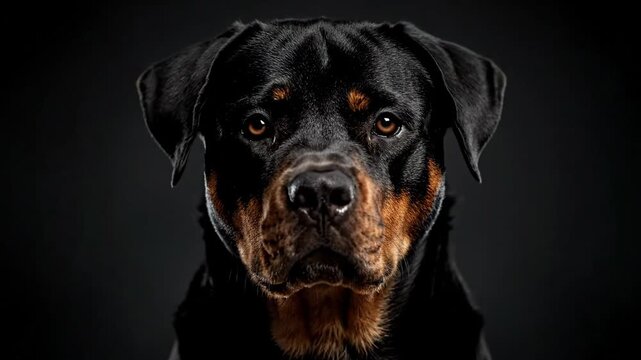 Powerful Rottweiler Dog Portrait with Intense Gaze on Dark Background