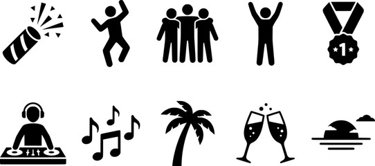 Fototapeta premium Beach Celebration Icons. Outline icon set of beach celebration icons: confetti burst, dancing figure, team hug 