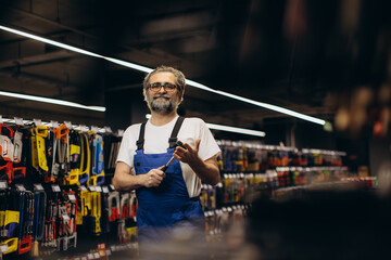 Fototapeta premium Man wearing overalls holding screwdriver in hardware store