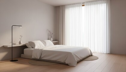 Fototapeta premium Serene Modern Bedroom With White Duvet And Soft Natural Light Streaming Through Sheer Curtains Creating a Peaceful Atmosphere And Minimalist Decor