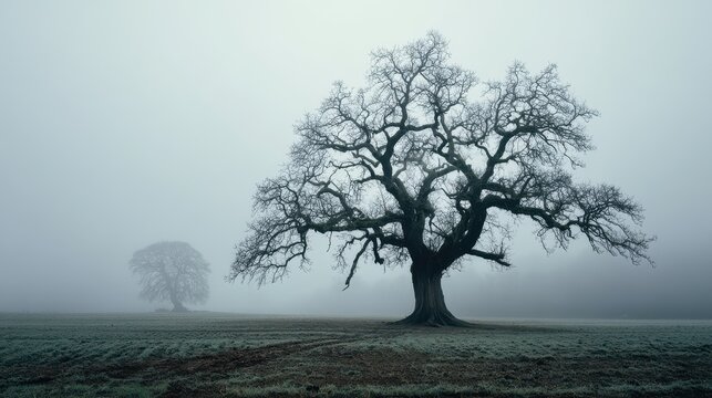 Misty Morning Landscape with Silhouetted Oak Trees and Frost-Covered Ground Serene Atmosphere Evokes Calm and Solitude